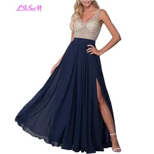 Сексуальные Глубокий v-образный вырез Иллюзия бисером кристаллы лиф Выпускные платья боковое Сплит шифоновое длинное вечернее платье элегантное вечернее платье