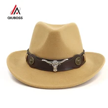 QIUBOSS шерстяная западная ковбойская шляпа для мужчин и женщин с широкими полями фетр джаз шляпа коровья голова Декор карнавал Fedoras Панама Sunhat Sombrero