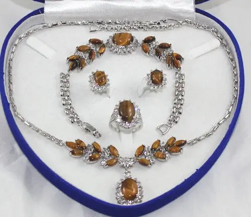 

Rare 18K White Gold GP Inlay Tiger's Eye Necklace Bracelet Earring Ring No box A (A0503)