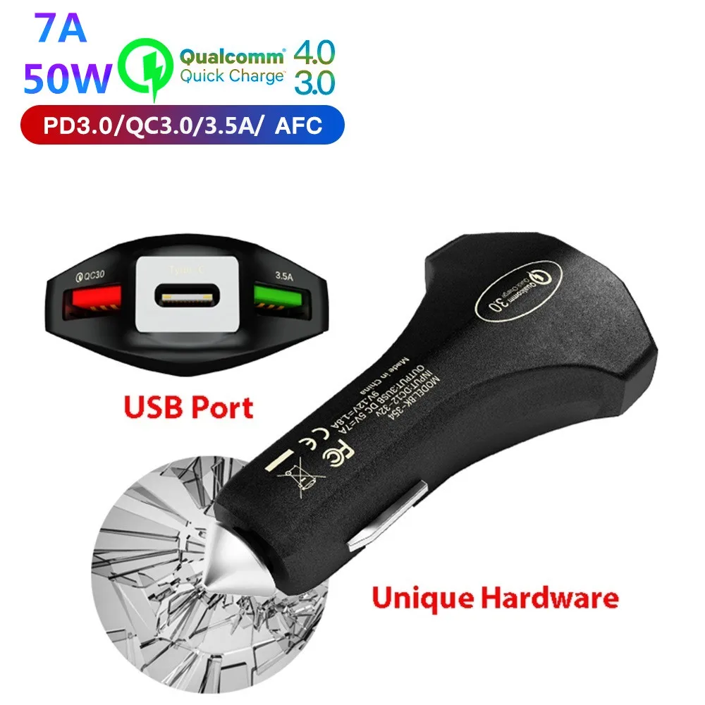 Автомобильное зарядное устройство Usb 3 0 Type c PD 50 Вт с двумя USB портами для Samsung s8 s9