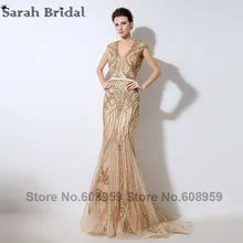 2016 Luxury Gold Sequins Illusion Back font b Evening b font font b Dresses b font