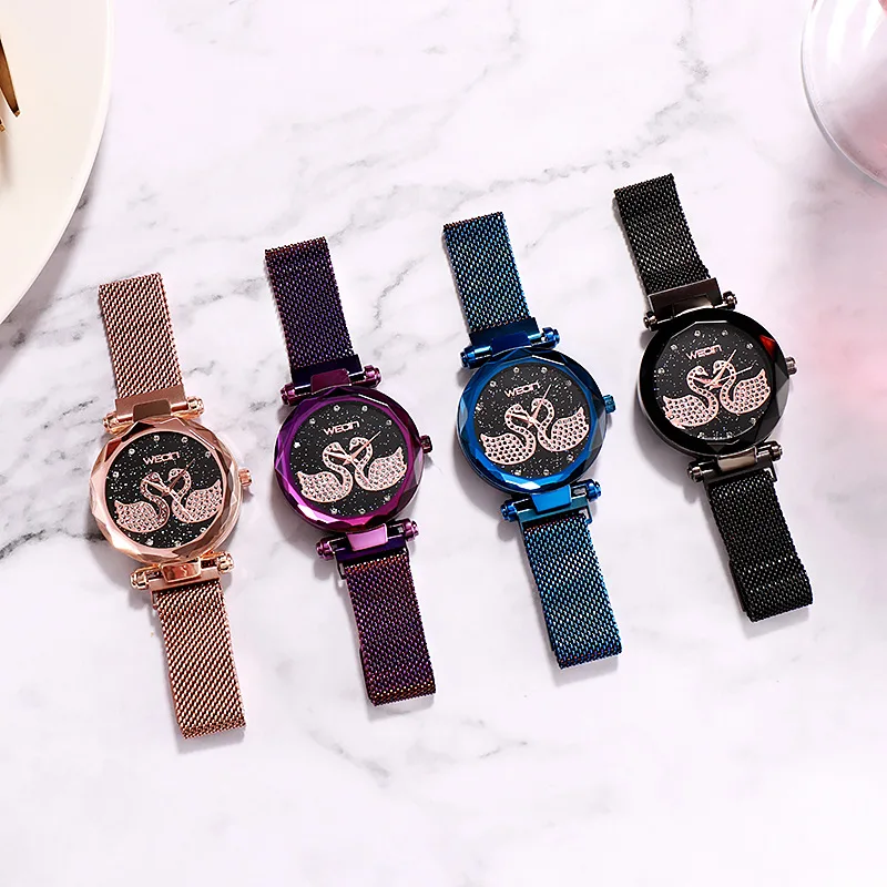 Fashion Trends Starry Sky Watch Women Quartz Magnetic Crystal Rhinestone Purple Classic Luxury Band Ladies Bracelet Reloj Mujer huismerk kopen in de aanbieding