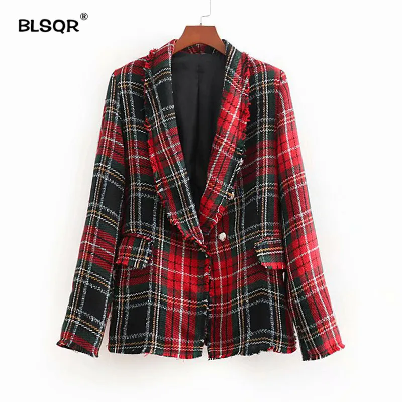 Women Plaid Notched Collar Tweed Jackets Double Breasted