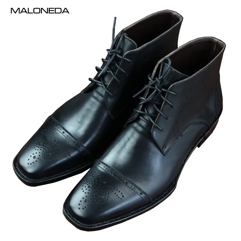 MALONEDE Bespoke Big Size Brogue Pattern Handmade Goodyear 100% Genuine Cow Leather Square Toe Lace Up Short Boots for Men | Обувь