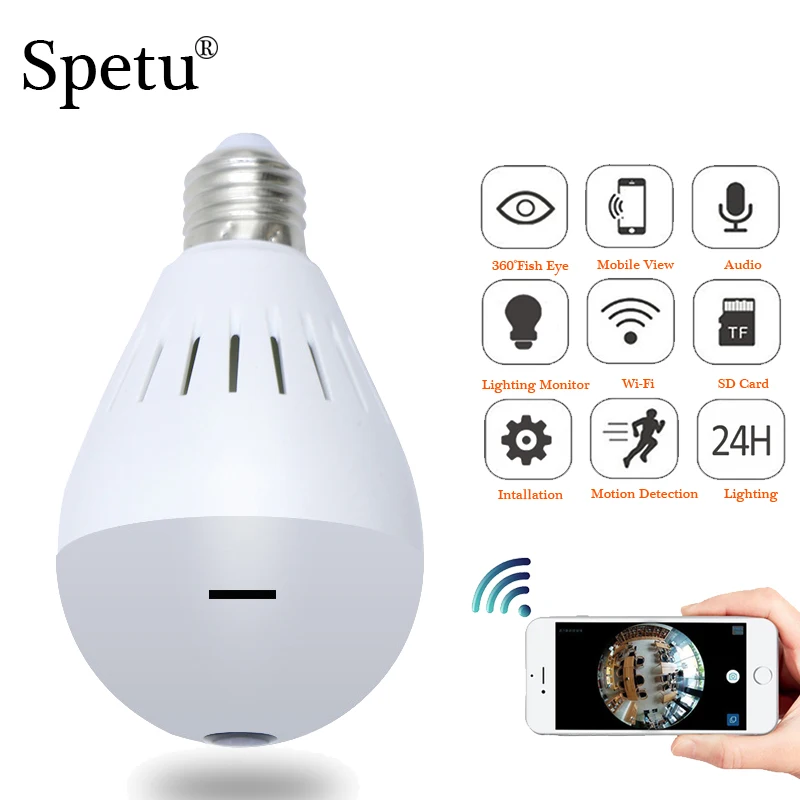 

Spetu HD 1080P 2.0MP Bulb Light Wireless IP Camera Panoramic Lamp FishEye WIFI 360 Degree Mini Home Security VR Surveillance Cam
