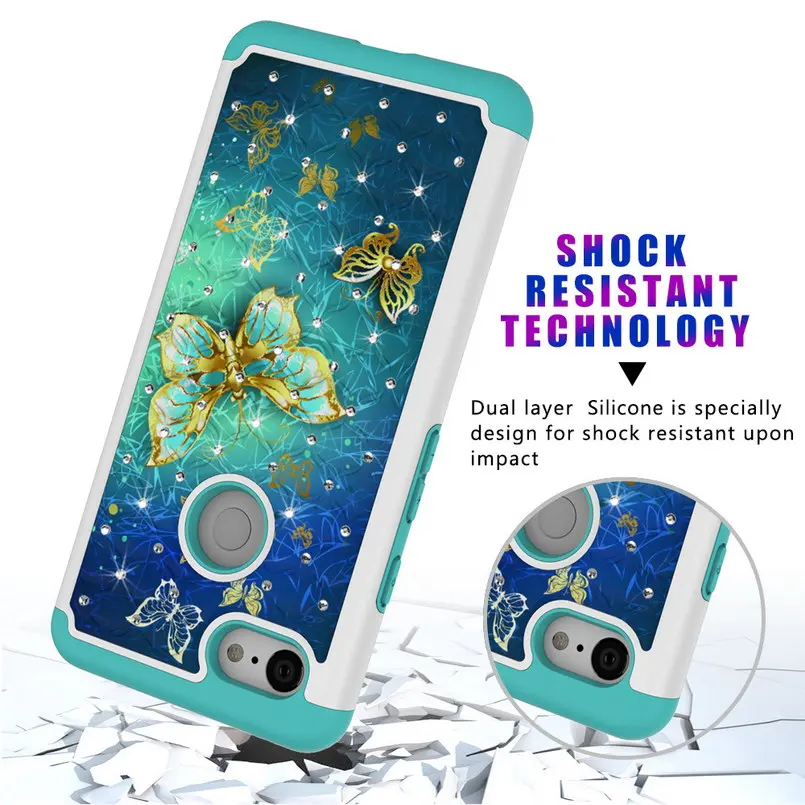Phone Case for Google Pixel 3 XL Painted Pattern PC and Soft Silicon Bling Glitter Diamond Cover for Google Pixel 3 XL Case 3
