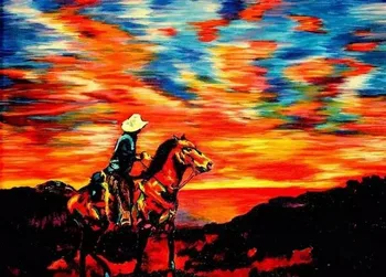 

Modern handmade painting western cowboy riding on horse on oil canvas for home decor and wallpaper