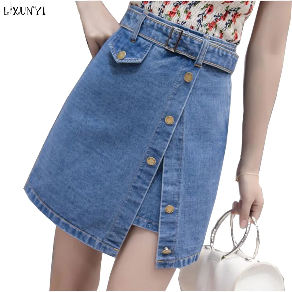 LXUNYI Belt Denim Skirt Women Spring Summer 2019 Woman Fashion Slim High Waist Denim Skirts