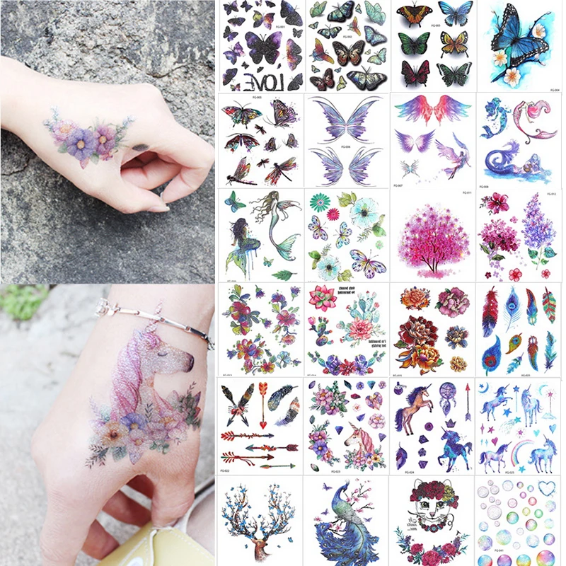 

1 Sheet Glitter colorful Flash Body Tattoo Waterproof Sticker Cartoon Unicorn Cat butterfly Decal Temporary Children Tattoo Gift