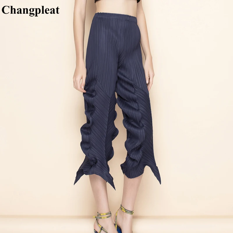

Changpleat 2019 summer New irregular Women Pants Miyak Pleated Fashion Solid elastic waist Female Ankle-Length pants Tide P79796