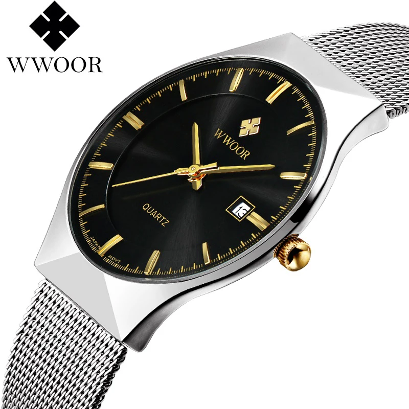 

WWOOR Men's Watches New luxury brand watch men Fashion sports quartz-watch stainless steel mesh strap ultra thin dial date clock