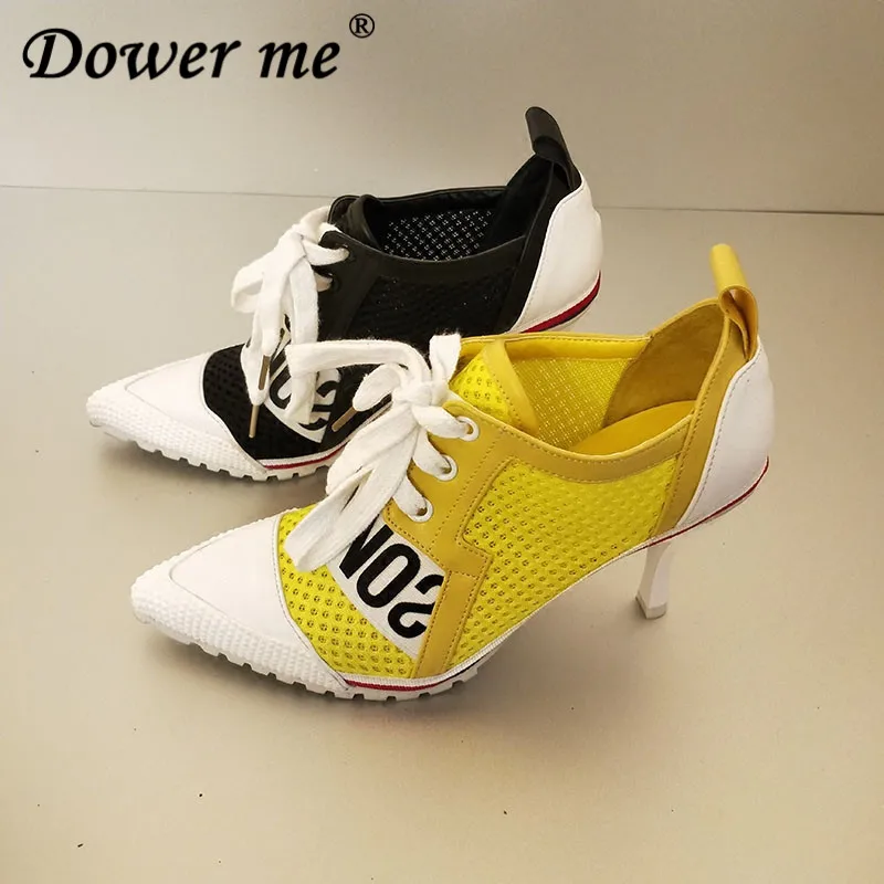 

Princess Pumps European Station 2019Spring Women Mesh Surface Candy Color Pointed Shallow High heel 7.5CM Cross-tied Girl's Shoe