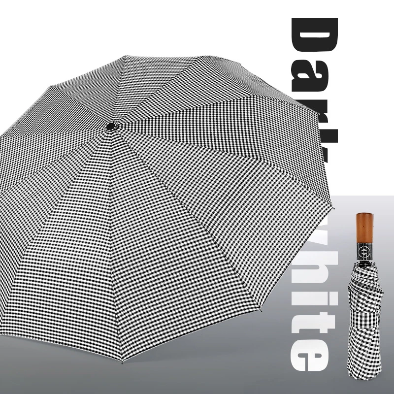 Креативный клетчатый узор трехкратный автоматический складной зонт мужской бизнес цельный деревянный ретро джентльмен на заказ рекламный зонт