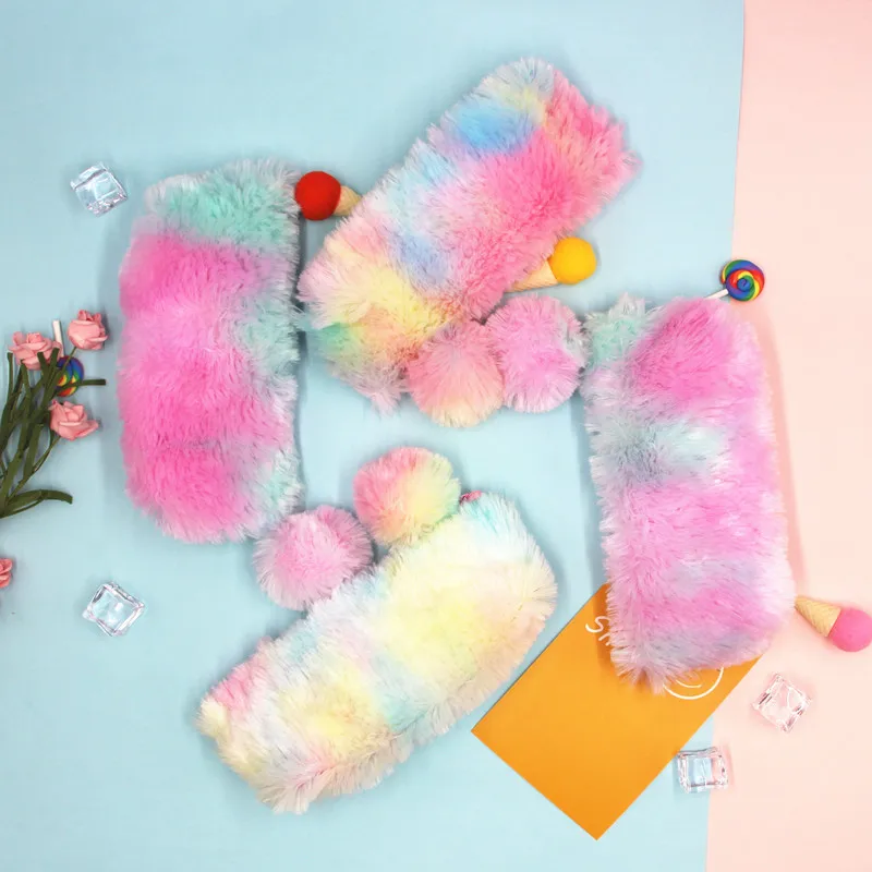 

New pencil case school rainbow color plush pencil bag student large capacity stationery storage bag ladies plush sequin pen case