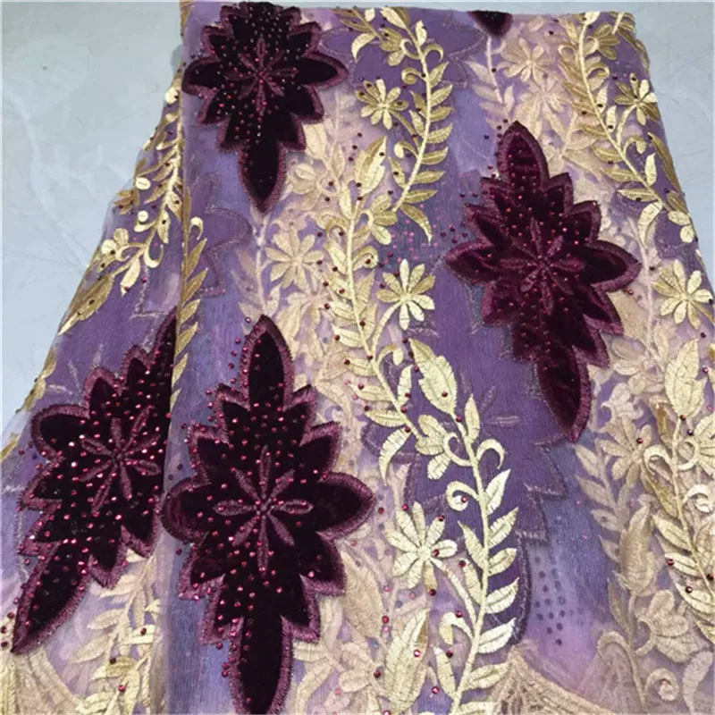 

Purple Color African Lace Fabric 2019 High Quality French Velvet Lace Fabric With Stone Lace Fabric For Wedding Party