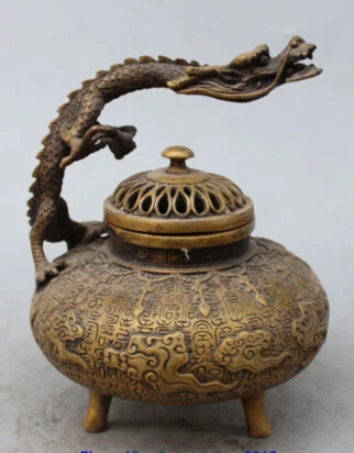 

RHS0192 8"Marked Chinese Buddhism Temple Pure Bronze Copper Dragon incense burner Censer
