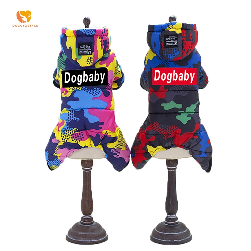 

Dog Camouflage Jumpsuit Autumn Winter Clothes Pet Dog Coat Cotton Letter Hooded Warm Cat Leisure Apparel S-XXL DOGGYZSTYLE