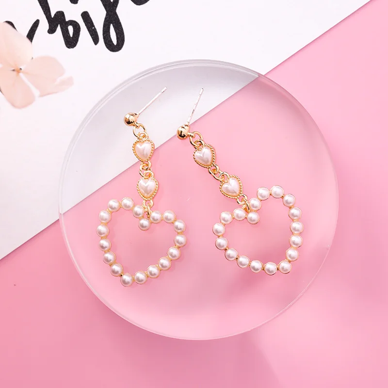 Statement Imitation Pearl Heart Drop Earring for Women Fashion Korean