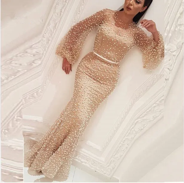 

Robe De Soiree Arabic Champagne Formal Evening Dress Middle East Kaftan 2019 Pearl Abendkleider Mermaid Party Dresses Abiye Gown