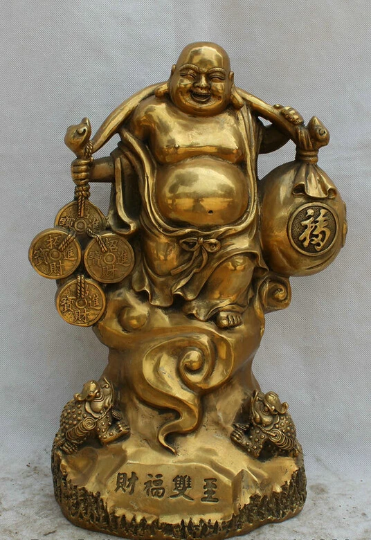 

Collectible bronze S1992 18" Chinese Brass Wealth stand Golden Toad Happy Laugh Maitreya Buddha Statue (B0328)