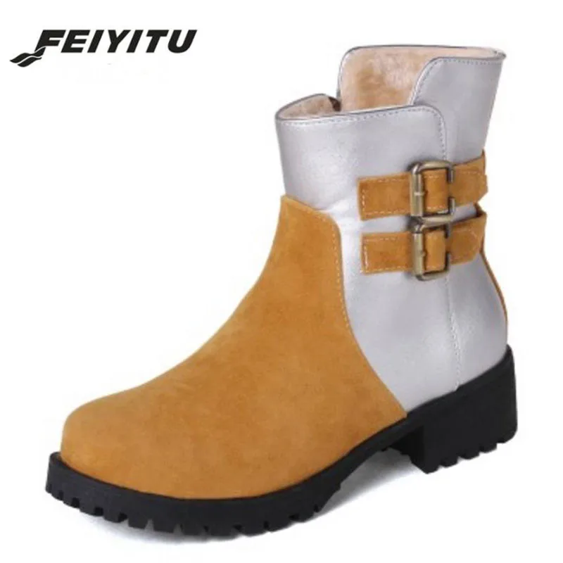 Feiyitu Для Женщин Половина короткие теплые боты металлической пряжкой сапоги на высоком каблуке Толстая обувь на меху Для женщин холодной