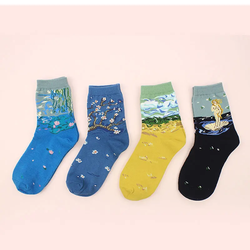 4 пары, женские короткие Дышащие носки с забавным рисунком, с пейзажным рисунком, с низкой лодыжкой, цветные, японский стиль, ленивые носки хараюку