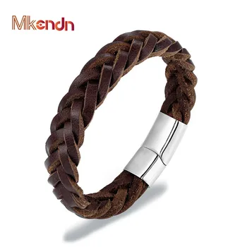 MKENDN 2019 Fashion Stainless Steel Chain Genuine Leather Bracelet Men Vintage Simple Male Braid Jewelry for women