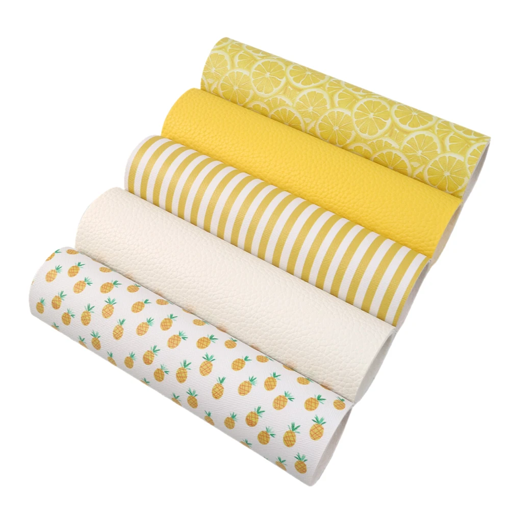 5 Pcs Lemon Pineapple Stripe Printed Solid Color Litchi Synthetic Leather Assorted Set For Making Handmade Projects,1Yc7325