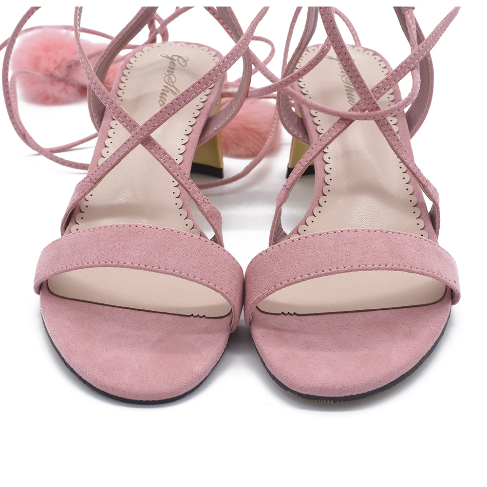 GENSHUO Summer Women Sandals Heels Shoes 6CM Cute Furry Ball Women Sandals Lace Up Gladiator Sandals Summer Woman Shoes Blue