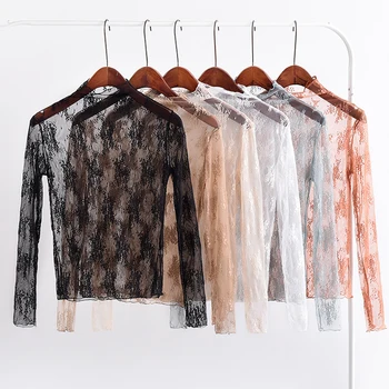 

2018 Summer Women Lace Floral Embroidery Blouses Shirt Ladies tops Sexy mesh Blouses Transparent Elegant See-through Black Shirt