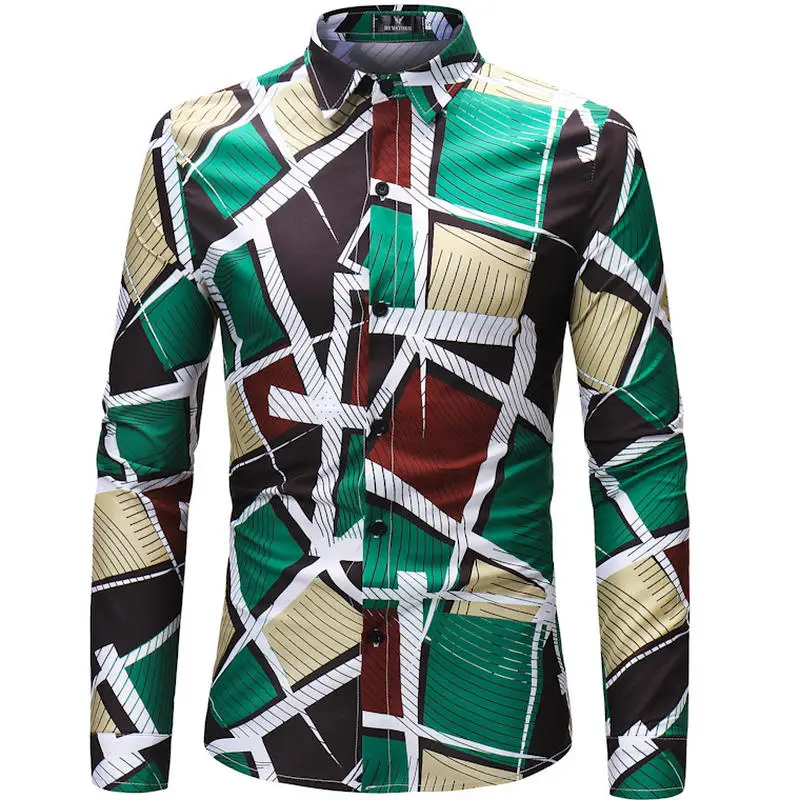 С цветным Ретро принтом Мужские рубашки в стиле кэжуал классические мужские рубашки с длинным рукавом новые модные весенние Рубашки - Цвет: CS56