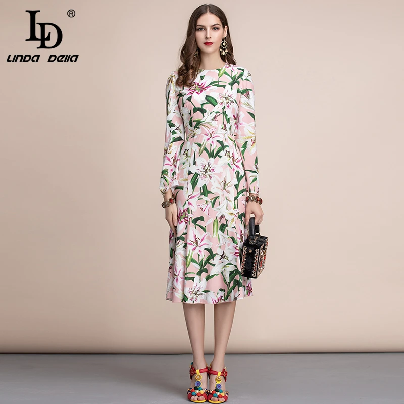 LD Linda della осень мода взлетно-посадочной полосы с длинным рукавом платье Для женщин Повседневное Лилия Цветок печатных оборками трапециевидной формы элегантное платье миди
