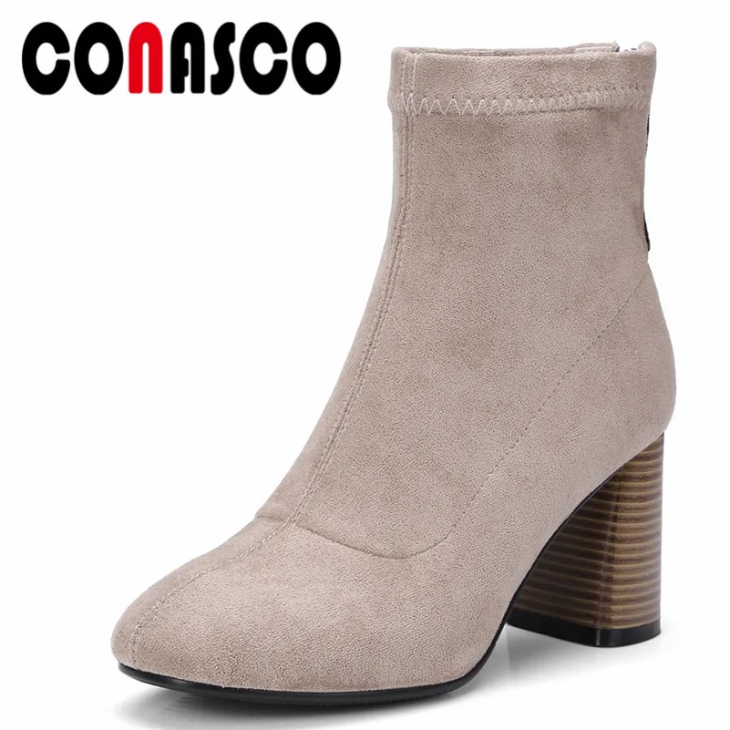 

CONASCO 2019 Fashion Women Ankle Boots Autumn Winter Warm High Heels Shoes Woman Square Toe Elegant Zipper Quality Stretch Boots