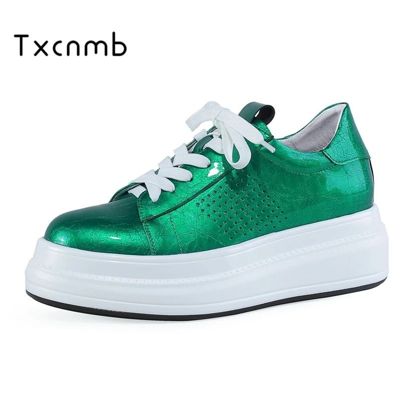 

TXCNMB 2019 Spring New Round Toe Platform Women Flats Comfortable Breathable Genuine Leather Single Casual Shoes Woman