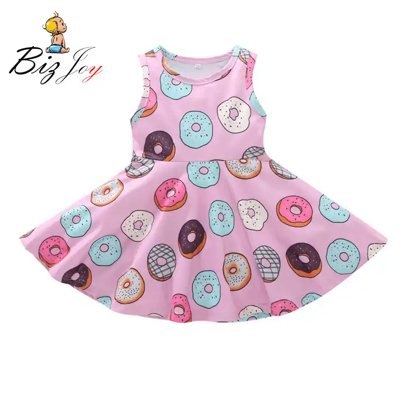 Moda Verão Criança Crianças Bebê Meninas lindo Vestido Roupas crianças Vestidos de Festa sem mangas Impresso Donut Macaron Macio algodão