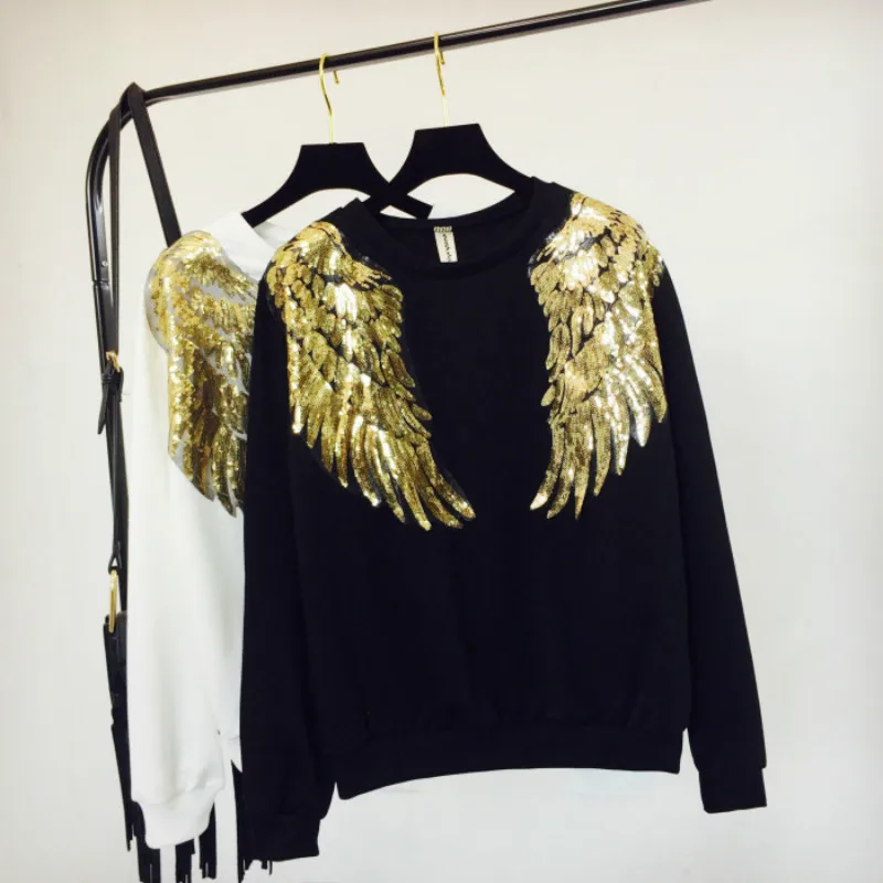 Angel wings sequins embroidery shirts beads Hoodies Sweatshirts O Neck