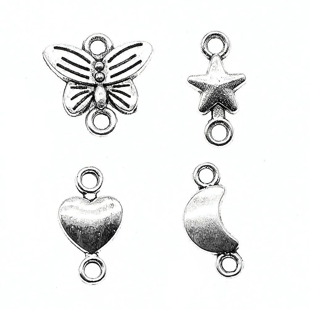 

40pcs Connector Charm Charm Antique Silver Color Butterfly Star Moon Heart Connector For Jewelry Making Charm