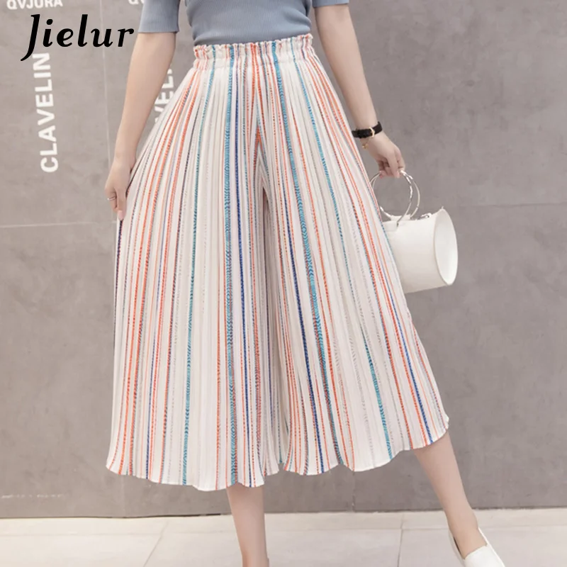 Jielur модные плиссированные шифоновые брюки женские летнее в горошек Цветочные полосатые широкие брюки женские свободные Женские панталоны - Цвет: Orange Striped
