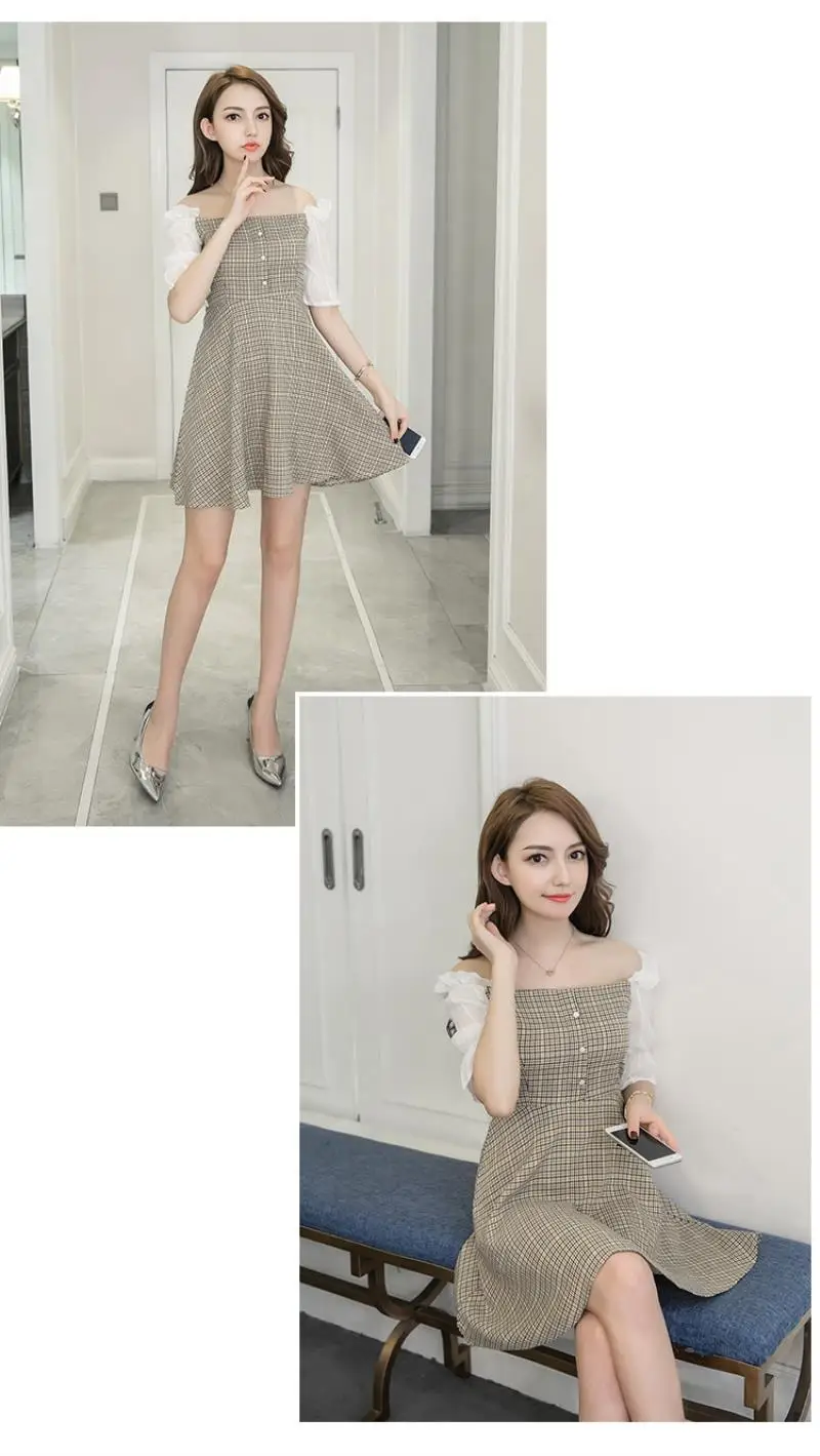 2018 Summer New Women Fresh Lattice Feifei Sleeve Dress Short Fund Leisure Time Vest Fashion A-line Dress