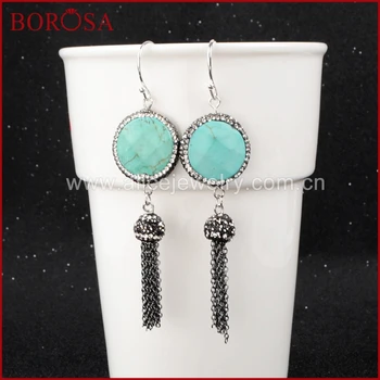 

BOROSA Round Howlite Stone Faceted Dangle Earrings Paved Zircon With Black Chain Tassel Hook Fashion Earrings Jewelry JAB156