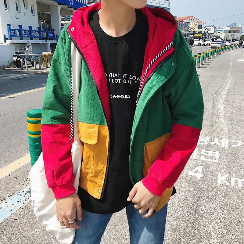 

Hip Hop Hoodie Loose Jacket Men Winter Corduroy Jacket Harajuku Red Patchwork Autumn Hooded Bomber Jacket Coat Reggae Jamaica