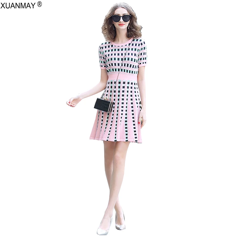 Летнее платье с длинным рукавом короткими рукавами и свитером 2019 Bohemia Pink Knit Dress