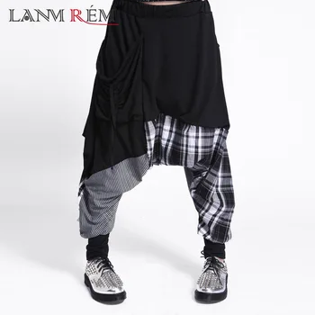 

LANMREM 2020 New Summer Spring New Korean Patchwork Color Lattice Stripe Mid Waist Full Length Harem Fashion Pants Woman X031