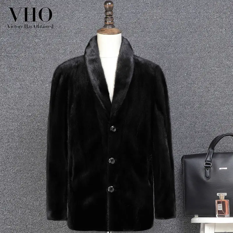 

VHO winter fashion mink fur coats genuine leather real fur jackets men outerwear medium long turn-down collar coats of mink fur
