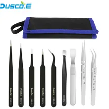 Jeu de pincettes ESD en acier inoxydable, 9 pièces/lot, outils de réparation de téléphones portables électroniques, pincettes de précision antistatiques, Kit d'aide à la soudure