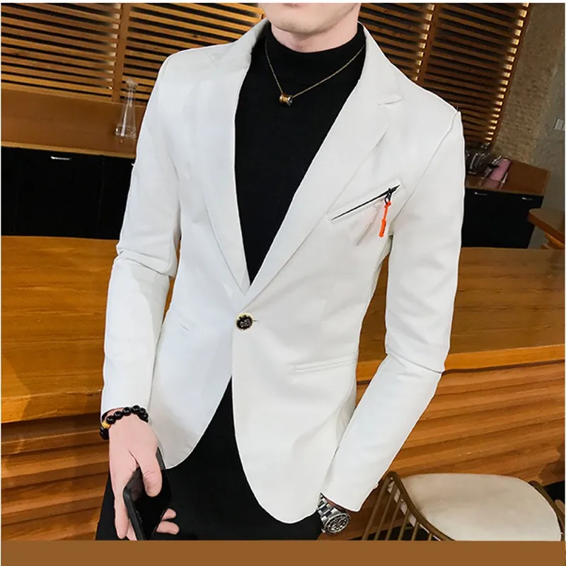 Белый приталенный мужской бейзер пиджак из искусственной кожи весна осень модная уличная одежда однотонный костюм пальто мужской