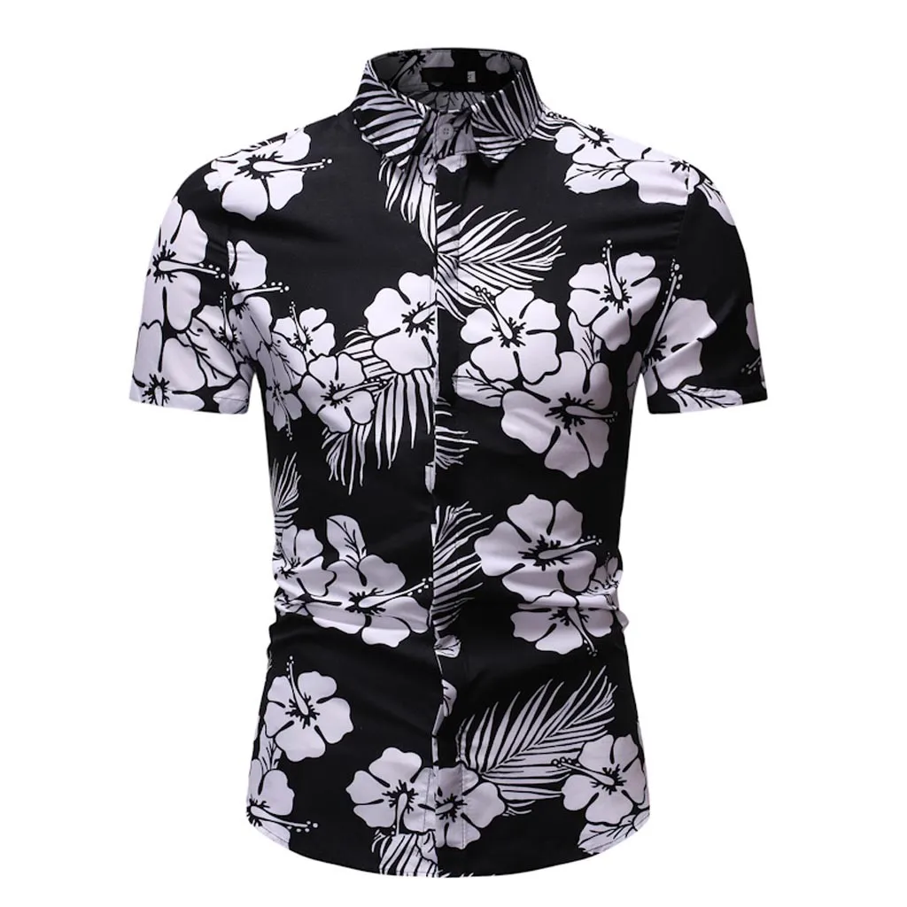 Мужская рубашка, летняя повседневная гавайская рубашка, удобная, с принтом, с отложным воротником, облегающая, с коротким рукавом, топ, рубашка, блуза для мужчин, camisa hombre - Цвет: Black