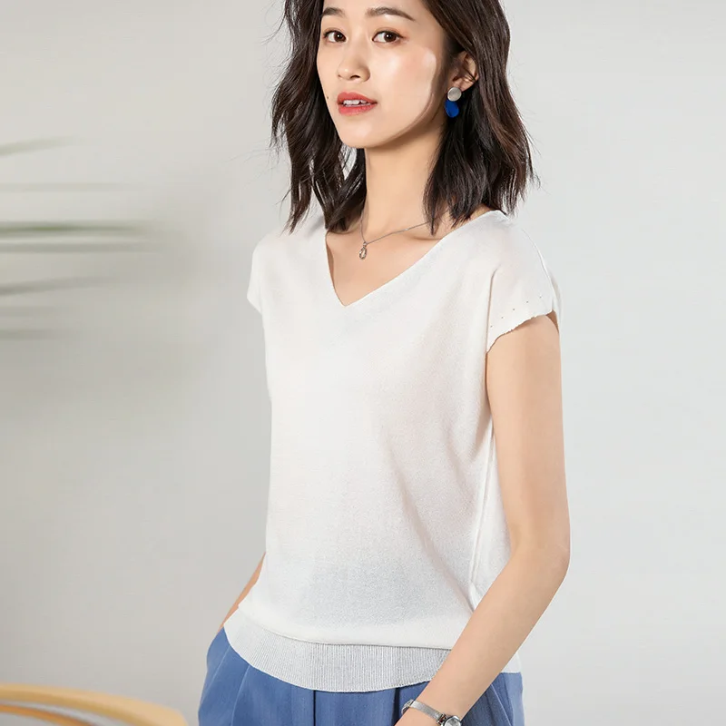

Knit short sleeve female summer V-neck t-shirt loose wild bottoming shirt