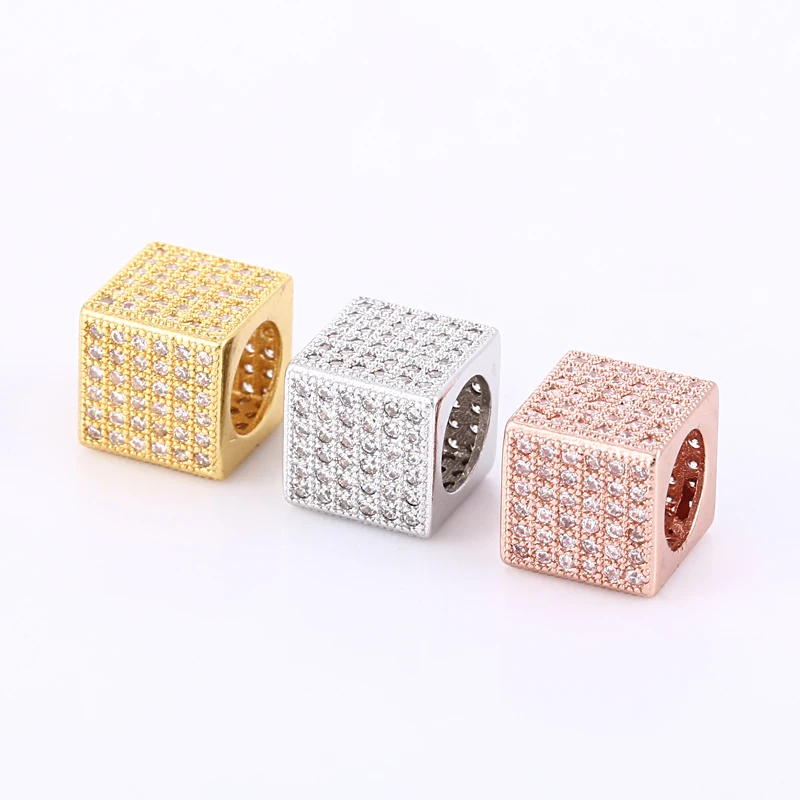 

Hot Sale 3 Colors Metal Mosaic Cubic Zirconia Square Shape Spacer Big Hole Bead CZ Micro Pave Jewelry Fits Charm Bracelet Making