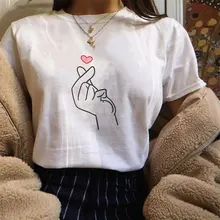 Verano mujeres Tops estilo coreano Kpop dedo corazón estampado o-cuello manga corta Ulzzang Tees Harajuku moda camiseta pareja ropa